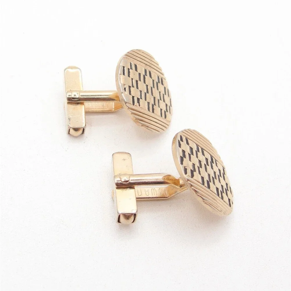 Vintage Swank Gold Tone Round Cufflinks Basketweave Textured Brick Mesh Retro